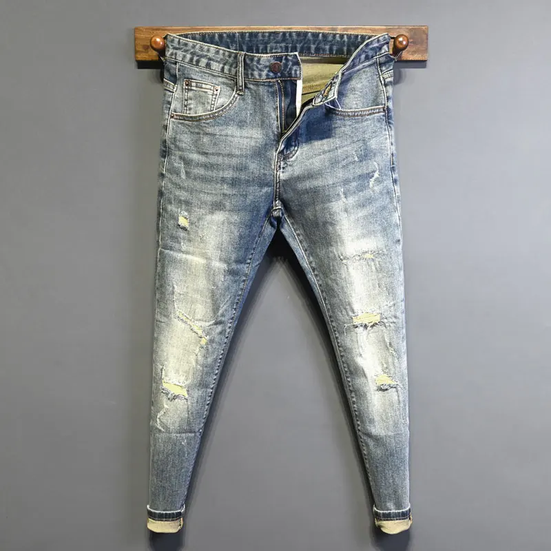 Jeans da uomo di moda di strada di alta qualità retrò lavato blu Stretch Skinny Fit Jeans strappati da uomo pantaloni di Jeans firmati Vintage Hombre