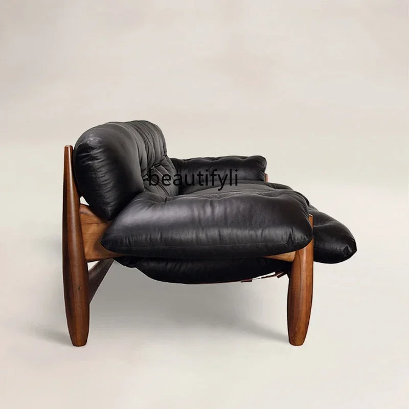 

02 New American retro three-person solid wood sofa antique black walnut designer leather sofa