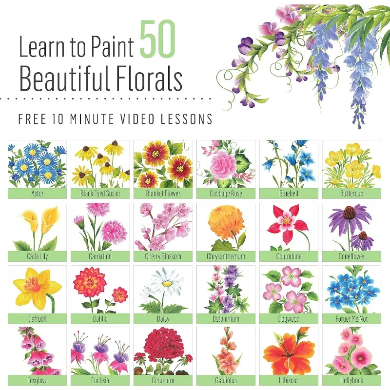 One Stroke A to Z of Floral Painting Kit, Including 10 Multi-Surface Paints, 5 Brushes, 50Teaching Guides,and 1 Wood Storage Box