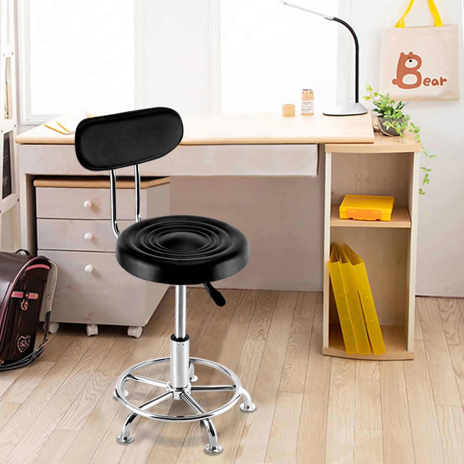 Leather Salon Chair Portable Height Adjustable Rolling Stool Barber Stool with Backrest Rotating SPA Medical Work Chair (Black)