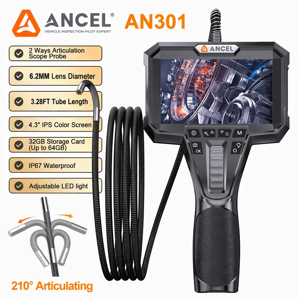 ANCEL AN301 210° Articulating Borescope Camera 6.2mm HD Inspection Camera with 4.3