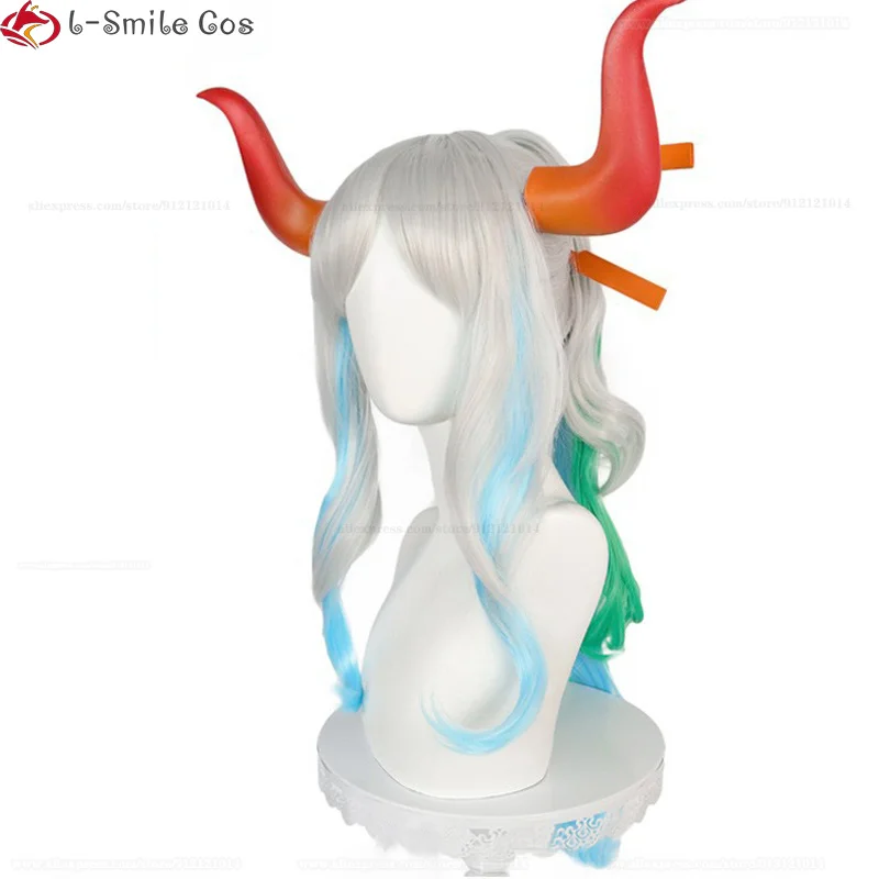 Peruca longa gradiente cosplay para mulheres, cabelo resistente ao calor, chifres anime, perucas de halloween, adereços mais peruca