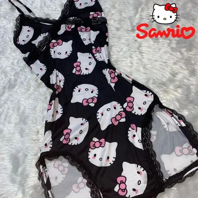 

Сексуальная женская ночная сорочка Miniso Hello Kitty Sanrio, летняя кружевная ночная рубашка на бретелях с V-образным вырезом, женское платье, пижама в подарок