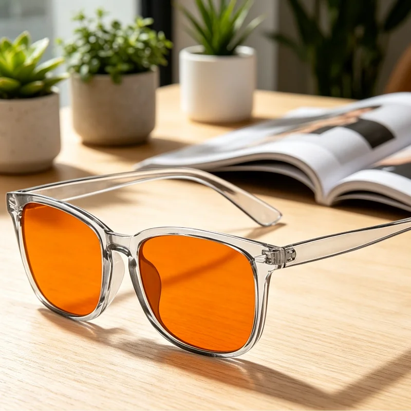 Trendige Anti-Blaulicht-Brille für Damen und Herren, besserer Schlaf, rote Linse, Filterbrille, Anti-UV-Brille mit getönten orangefarbenen Gläsern