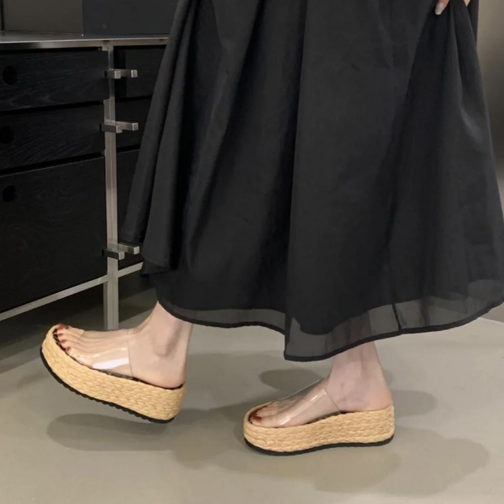 Korean Style Thick Heel Platform Sandals Women's Summer 2026 New Outdoor Wear Heightening Transparent Strap Versatile Slippers