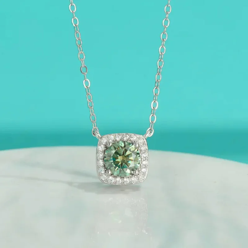 S925 Colar de Prata Esterlina com Pingente Moissanite Real, Pescoço Jóias Finas, Passe Teste Diamante com Certificado, Verde, 3 Carat