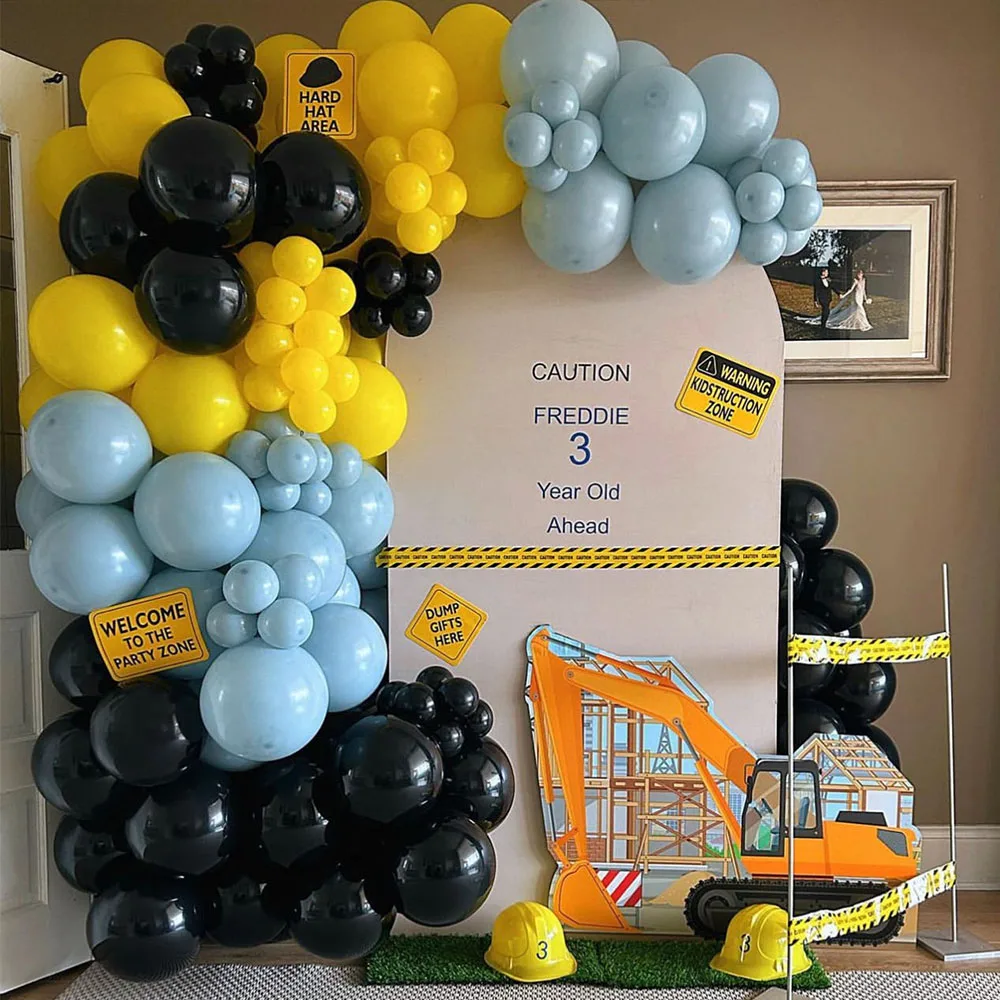 

115pcs Construction Balloons Garland Arch Kit Black Yellow Ice Blue Balloons for Birthday Baby Shower Trucker Party Decorations