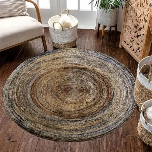 Round Area Rug Surprised Mascot Silhouette Muted Crater Impact Patterns Printed Clean Line Art Cream Yellow Finish Floor
