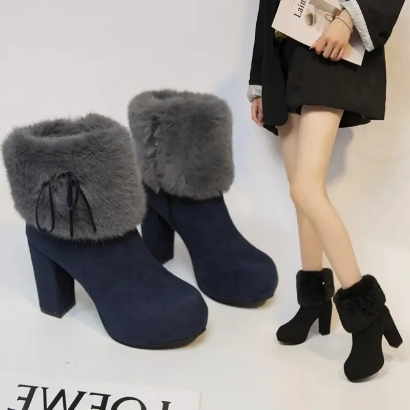 Womens Platform Ankle Boots Faux Fur Warm Winter Block High Heel Snow Thick Sexy Shoes Plus Size 4Colors New 2024