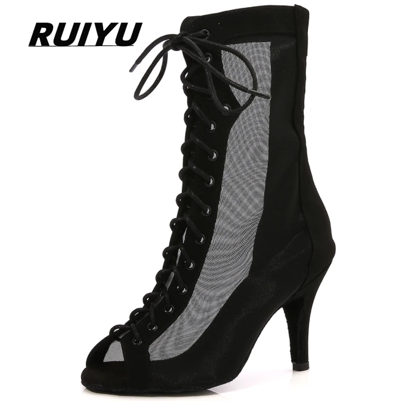 Latin Dance Boots Women's Salsa Tango Ballroom Party Sneakers Black Mesh Girls Heeled Sandals Jazz High Top Dance Shoes