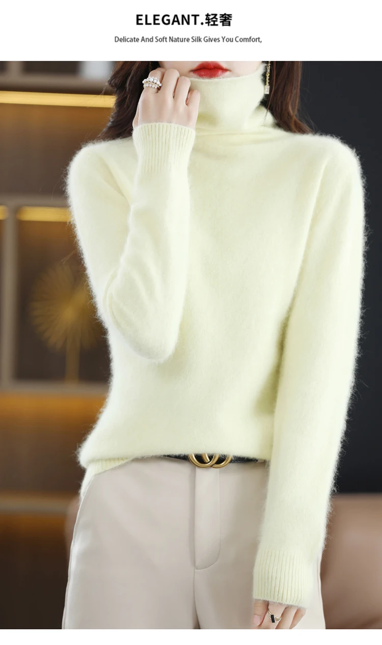 Autumn and Winter 2022 Women's High Neck Pullover 100% Pure Mink Cashmere Sweater Knitted Soft Fashion Women's Clothing