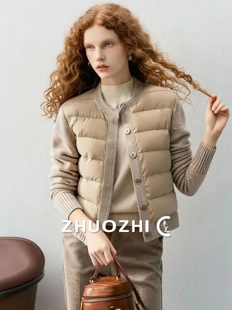

ZhuoZhi Faion Patchwork round Ne down Jaet 2025 Winter New Casual Warm Knitted Cotton Coat French Sle Loose Fit
