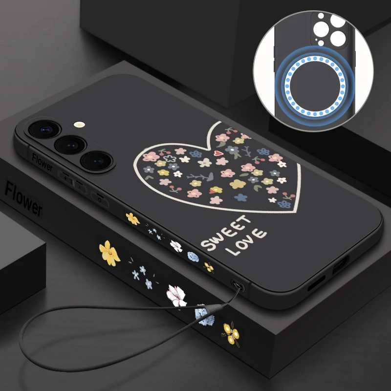 Magnetic For Magsafe Case For Samsung Galaxy A56 A16 A55 A15 A36 A54 A35 A34 5G Colorful Love Heart Printed TPU Lanyard Cover
