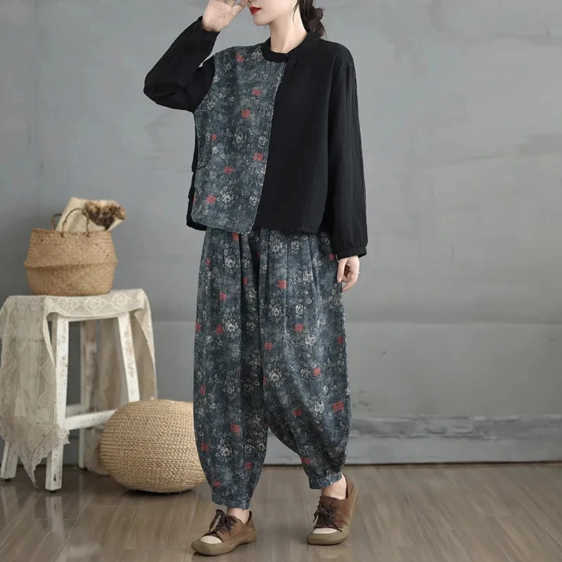 2025 Ethnic Style Cotton And Linen Fashion Casual Large Size Set Women's Autumn Loose Retro Top Harem Pants Two-Piece Outfits