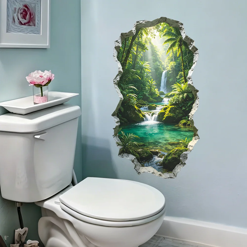 3D Broken Wall Tropical Rainforest Waterfall Wall Sticker Natural Scenery Wall Decal Removable Vinyl Wall Art for Home Decor