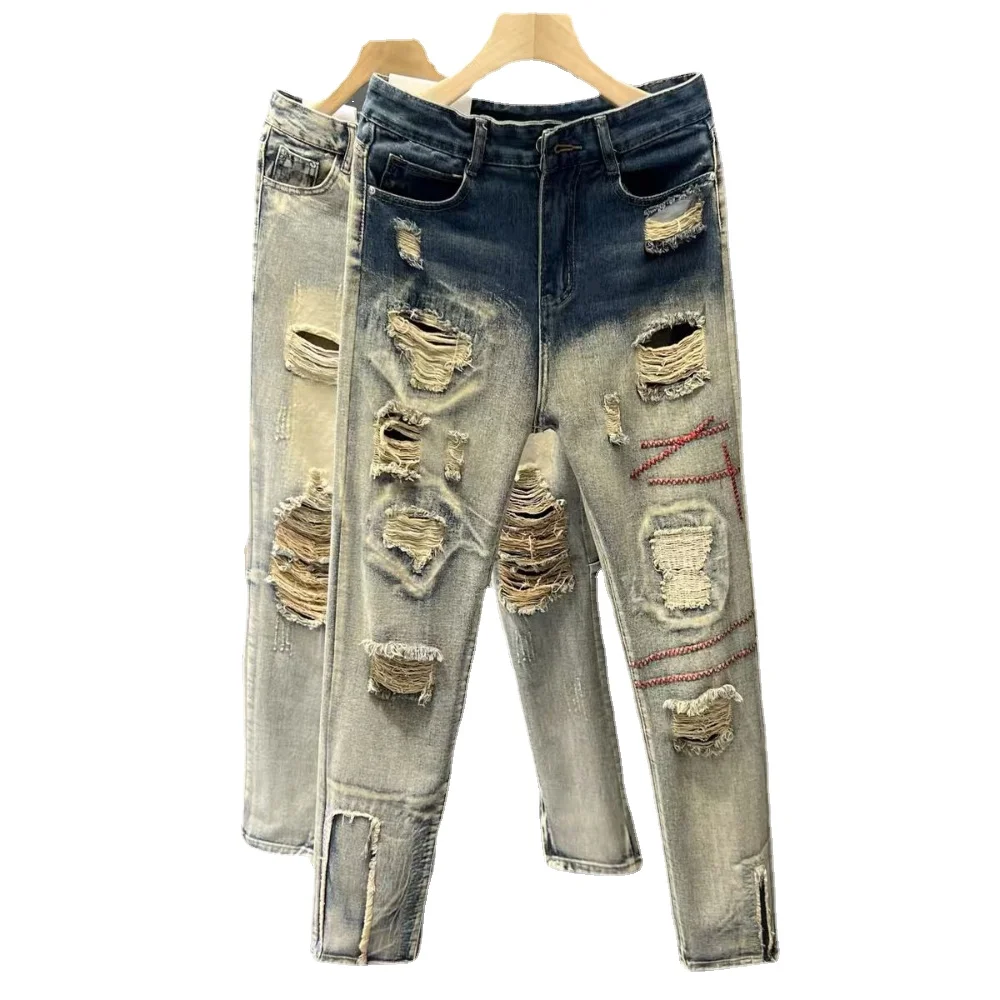 Hole ripped jeans men Slim Fit Skinny jeans Hip hop fashion Streetwear patchwork jeans Elasticity Gothic pants men pantalon