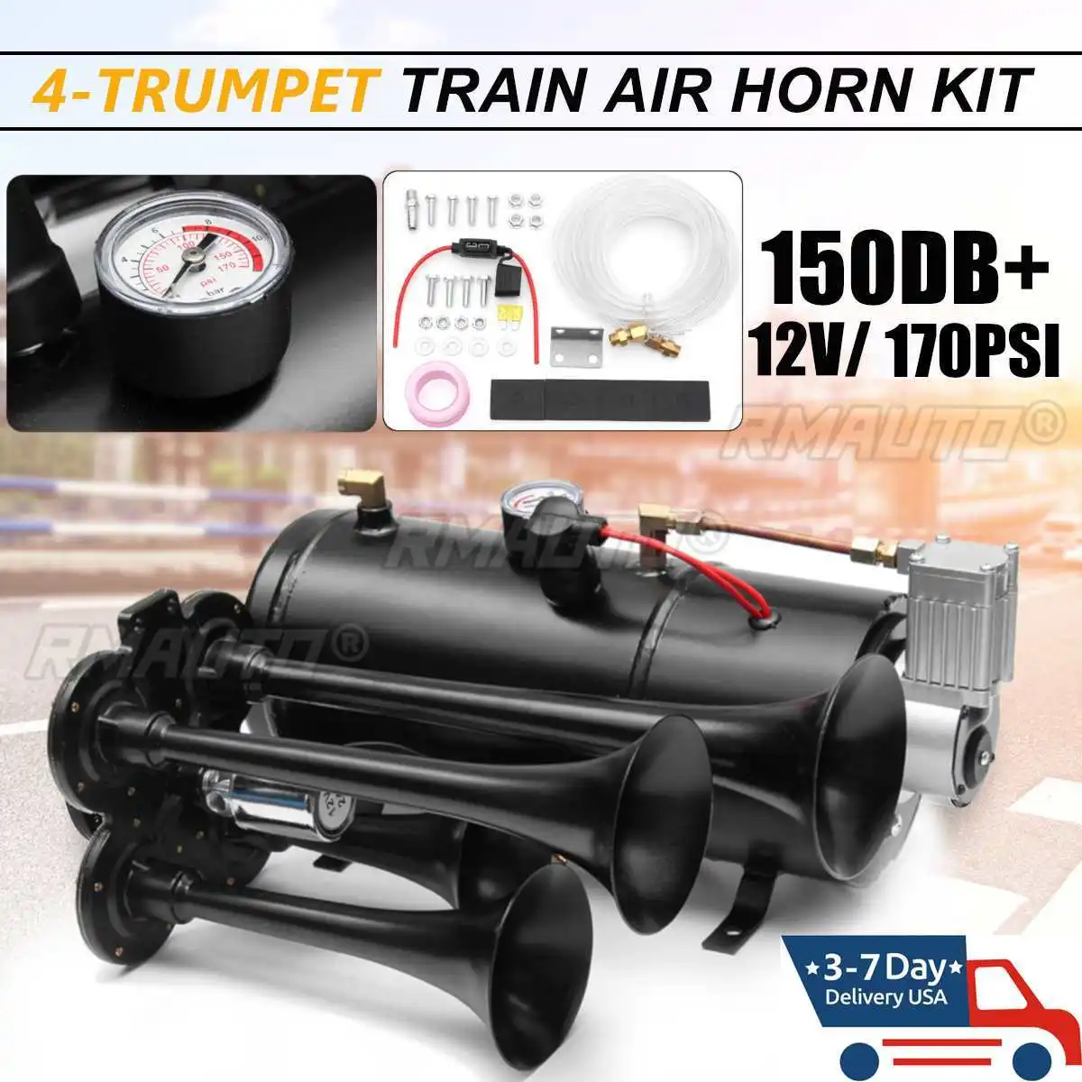 Car Horn Kit 4 Trumpet loud and powerful 12V 150dB 170 PSI Air Compressor Complete System for Car Truck Campers