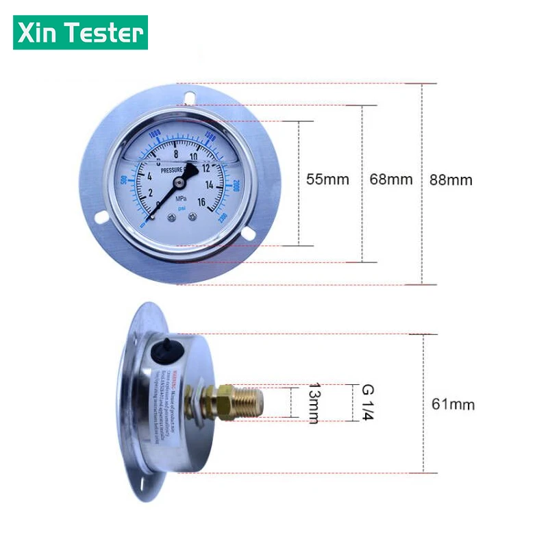 Xin Tester Air Oil Water Hydraulic Psi Pressure gauge Thread G 1/4,Axial stainless steel Anti-Vibration manometer 0-60Mpa
