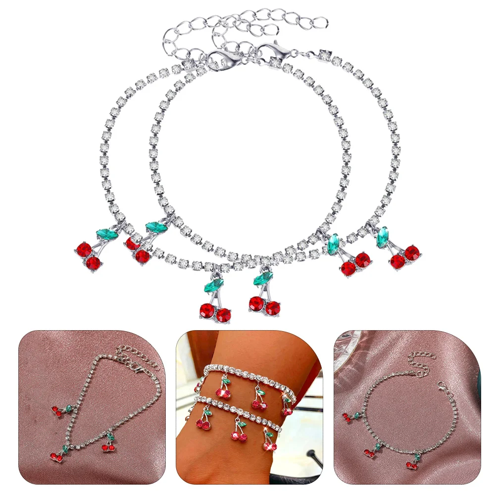 

2 Pcs Fruit Cherry Anklet Birthday Party Favor Chain Boot Jewelry for Women Footwear Bracelet Anklets Girls Silver Chains