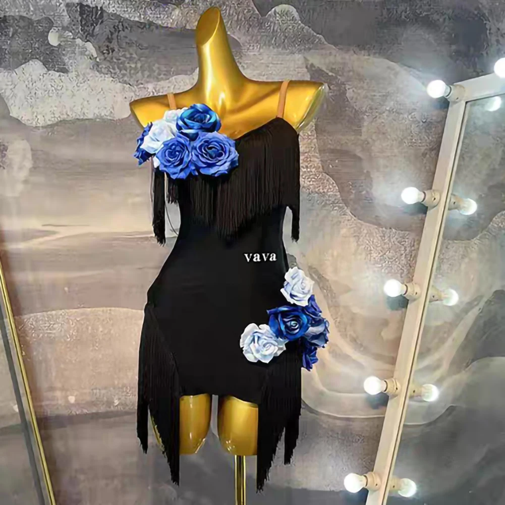 Meninas elegante high-end vestido de dança latina samba crianças cinta sem costas preto sem mangas borla desempenho dança flor vestido