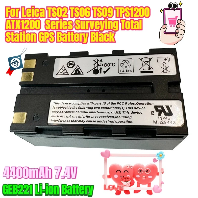 

4400mAh 7.4V GEB221 Li-ion Battery For Leica TS02 TS06 TS09 TPS1200 ATX1200 Series Surveying Total Station ​GPS Battery Black