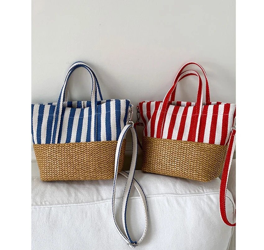 

Летняя полосатая тканая сумка для женщин, большая вместительная парусиновая лоскутная сумка-тоут, корейская повседневная модная женская сумка