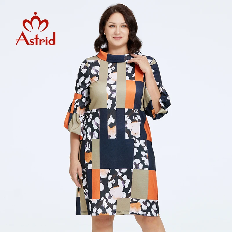 Astrid Women\'s Dresses 2023 Oversized Contrast Color Print Loose Ladies Midi Party Dresses Flared Sleeve Office Female Clothing