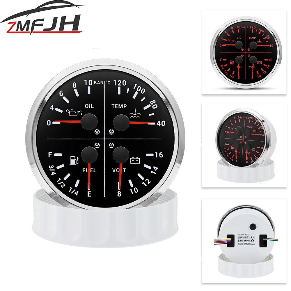 110mm 4 in 1 Multifunctional Oil Pressure/Water Temp/Fuel Level/Voltmeter Gauge With Red Backlight For Marine Boat Car 12V 24V