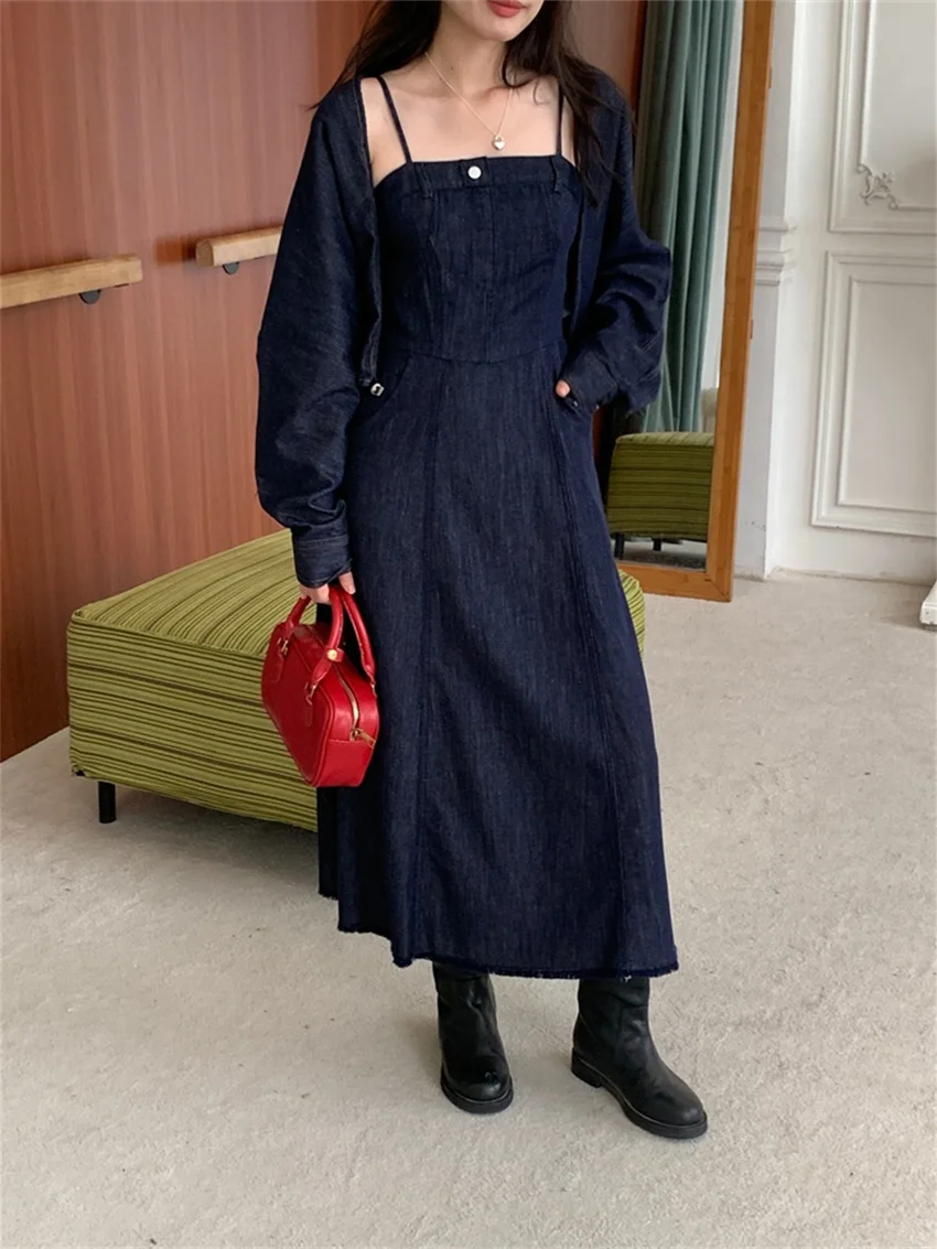 Alien Kitty Chic Denim Slim Women Two Pieces Fashion Loose Coats New 2024 Loose Gentle Daily Slip Long Dress Office Lady Autumn