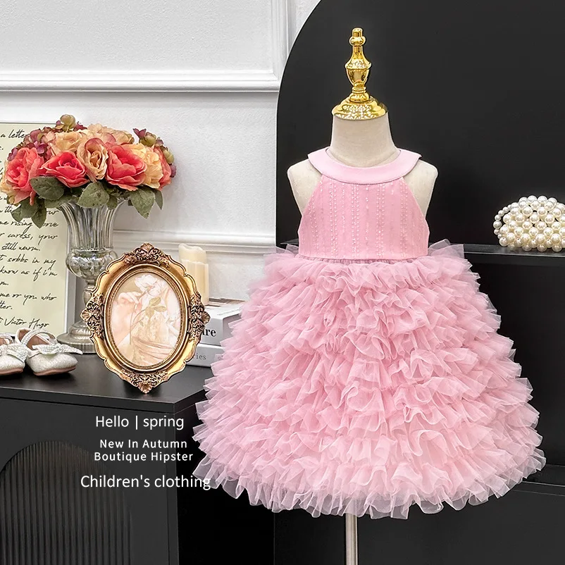 

Платье на подтяжках для девочек, новинка лета 2021, корейская версия, модное платье принцессы, юбка с блестками, сетчатая юбка с бантом