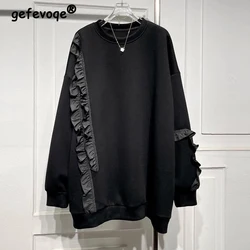 Women Trendy Ruffles Casual Streetwear Chic Oversized Sweatshirt Y2K Autumn Winter Korean Solid Fleece Long Sleeve Pullover Tops