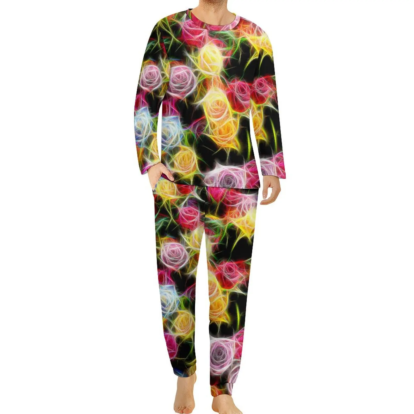 Pijamas de flores abstratas rosa de sentimento masculino mangas compridas conjuntos de pijama kawaii 2 peças quarto design diário casa terno presente