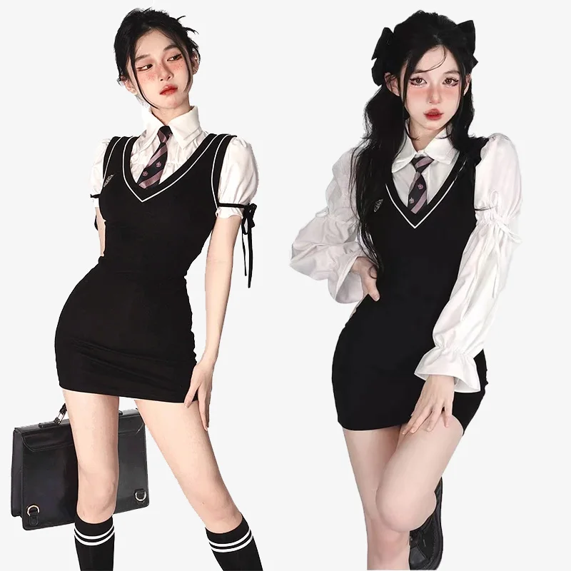 Korean Preppy Style Dress Women Y2k Sweet Spicy Fashion Fake Two-piece Set Bubble Sleeves Polo Collar Mini Dress Autumn Summer