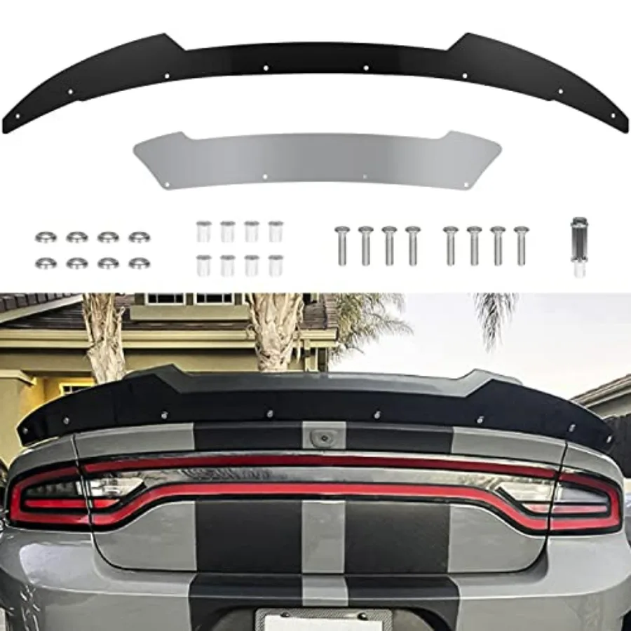 

Rear spoiler add-on for Dodge Charger 2015-2023 SRT Hellcat Scat Pack, wickerbill design, black ABS plastic, easy rivnut instal