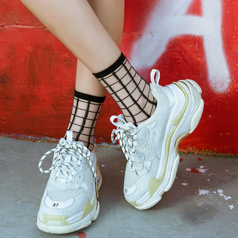 

Striped Checkered Socks Women Spring Summer Thin Crystal Stockings Simple College Style