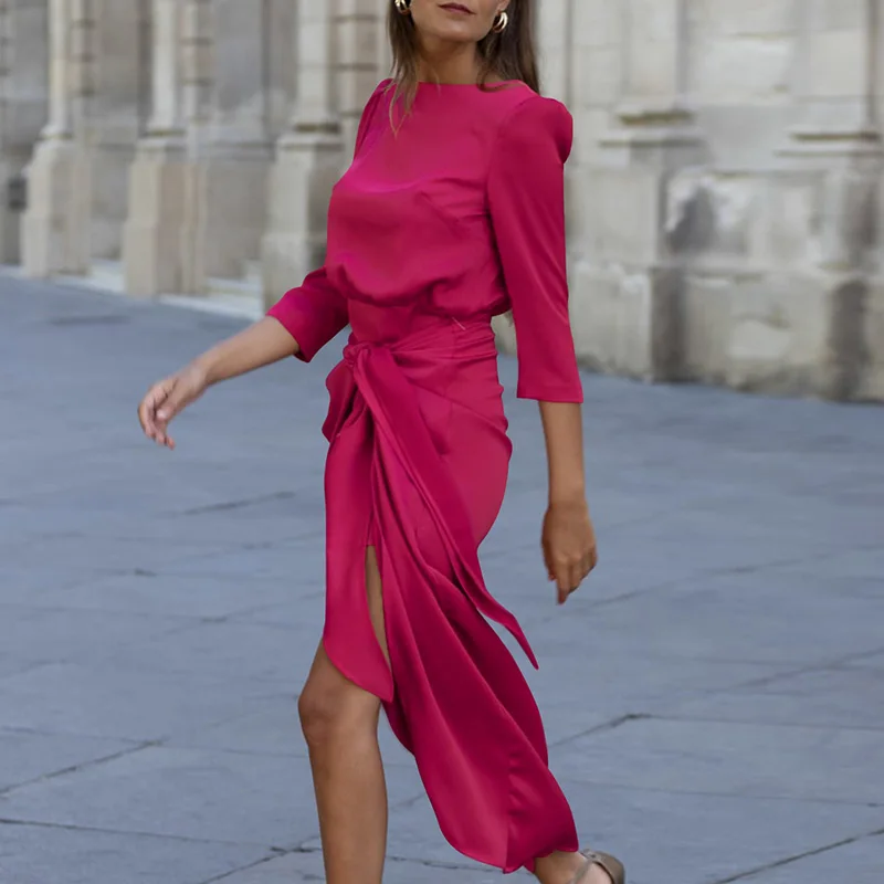 Vestido drapeado de cintura alta para ir al trabajo, vestido largo elegante de satén con cordones y cuello redondo, vestido de fiesta ajustado liso informal de media manga para mujer