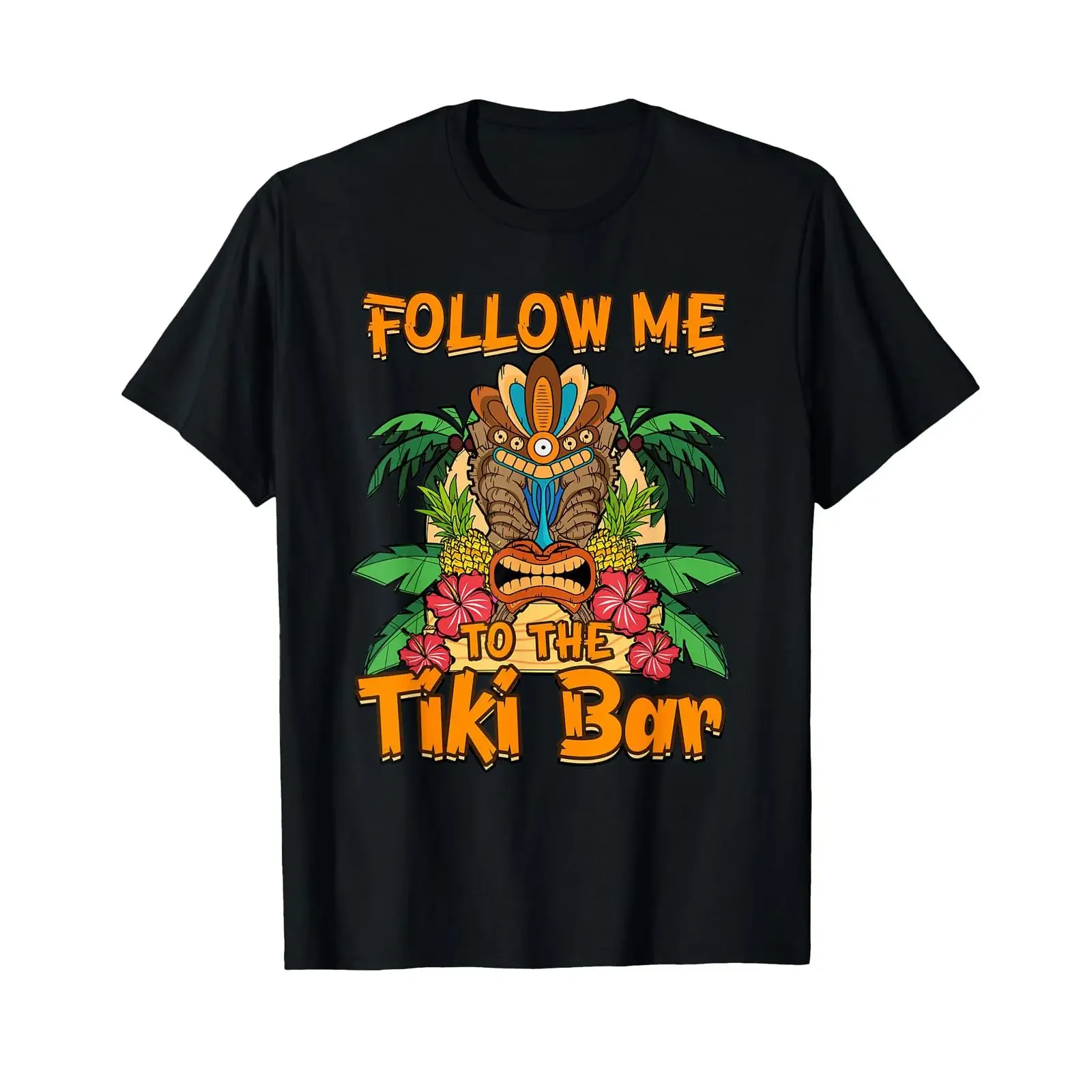 Hawaiian Tiki Follow Me to The Bar T Shirt Black vintage Washed homme streetwear Breathable graphic Comfortable Slightly