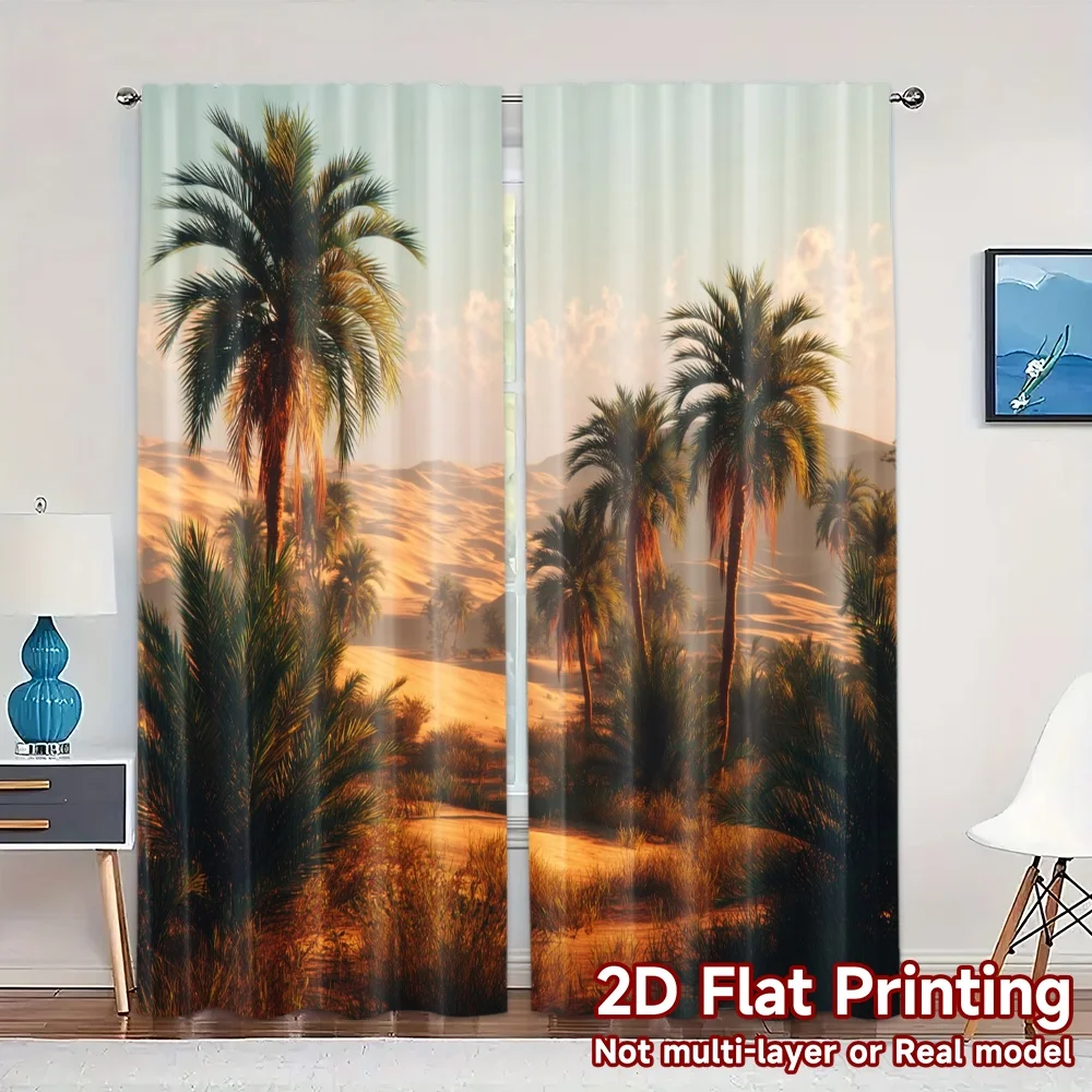 2pcs, 2D FLAT PRINTING Curtains (Without Rod) Desert Oasis Print Chic Curtains Versatile Polyester Curtains Outdoor Decorations