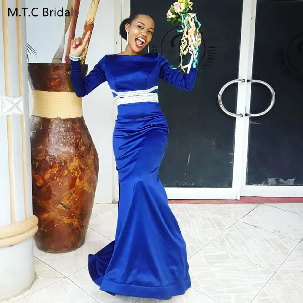 

Long Sleeves Mermaid Royal Blue African Bridesmaid Dresses 2024 Custom Made Floor Length Satin High Quality Maids Of Honor Gowns