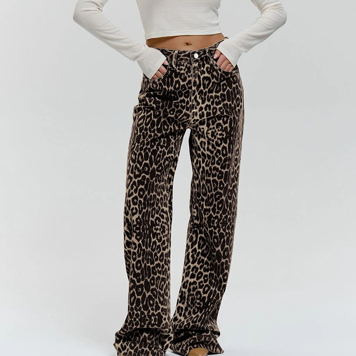 Leopard Floor Length Loose Wide Leg Pants Women Korean Low Waist Fashion Long Pant Ofiice Lady Casual Baggy Trousers Streetwear