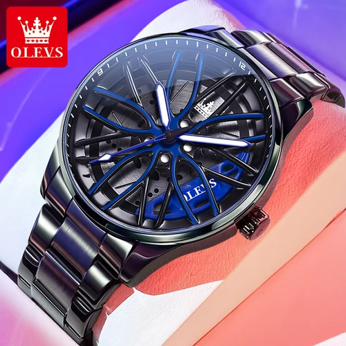 Imagen 2 del producto OLEVS Moda 360 ° Reloj de cuarzo con esfera giratoria para hombre, llanta deportiva para coche, cubo de rueda, reloj de pulsera luminoso resistente al agua de acero inoxidable para hombre