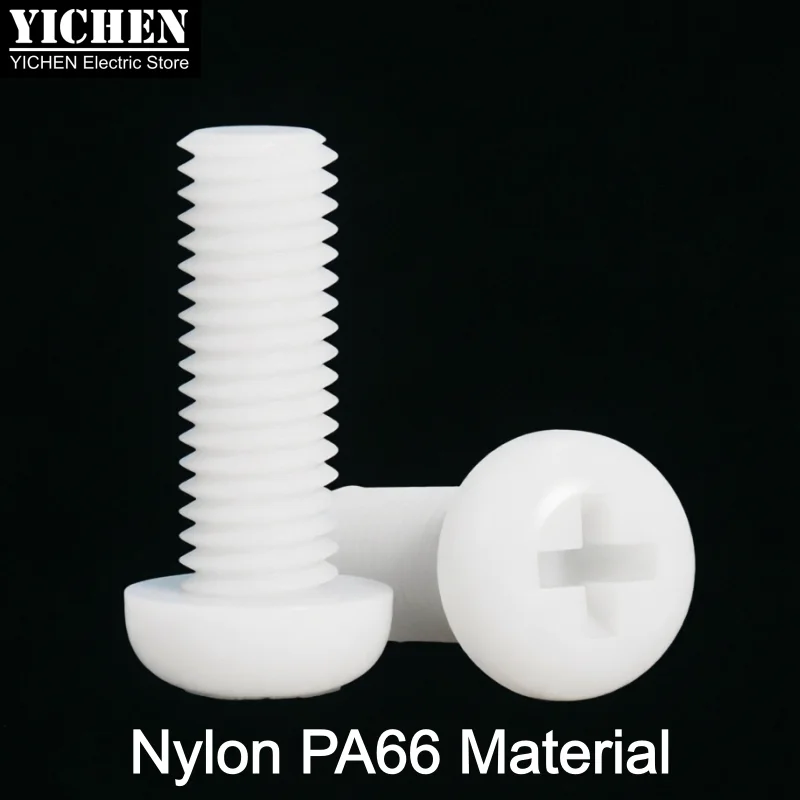 100pcs M4 Nylon Screw PA66 Plastic Pan Head Phillips Screws White Insulation Bolts Fasteners M4x6 8 10 12 15 20 25 30 40 mm