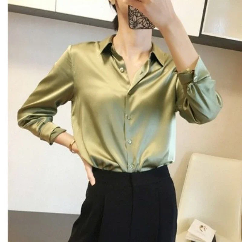 2023 Office Lady Satin Shirts Women\'s Blouses 2023 Spring Solid Color Classic Work Blusas Plus size Single Breasted Basic Shirt