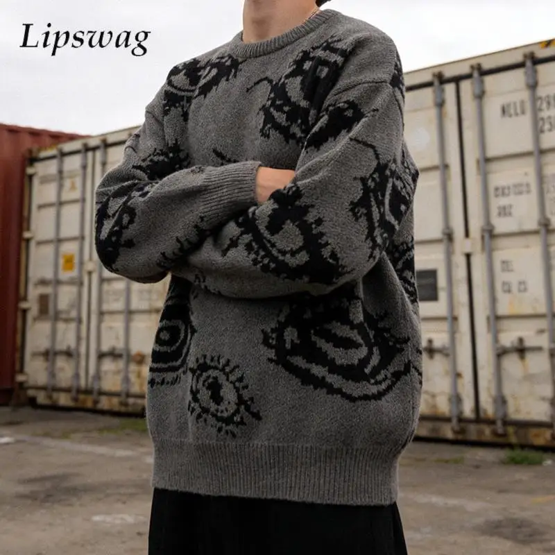 

Винтажные вязаные свитера с узором «глаза» для мужчин, весенние повседневные джемперы с длинным рукавом и круглым вырезом, стильные свободные свитера для мужчин