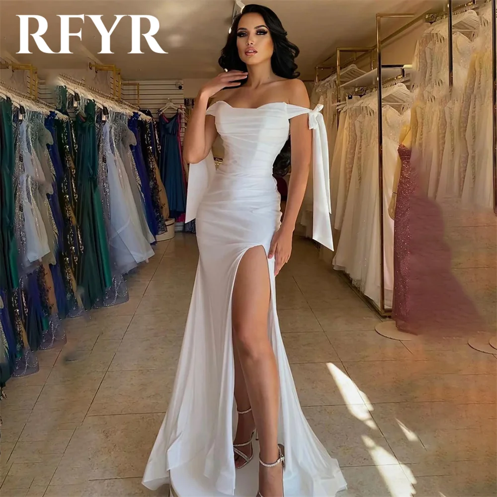 

RFYR White Off The Shoulder Prom Dresses Side Split Mermaid Evening Dresses Sexy Stain فساتين السهرة Sweep Train Party Dresses