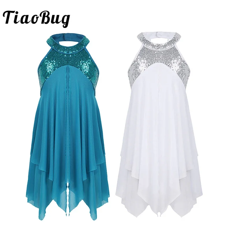 Tiaobug girls teens women halter sequin backless ballet dance leotard dress kids lyrical contemporary dance costume bodybuilding