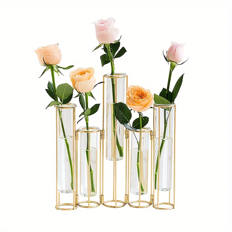 Test Tube Vase with 5 Test Tubes, Gold Vase for Centerpiece, Gold Vase with Metal Stand, Glass Vase for Wedding Home Decoration