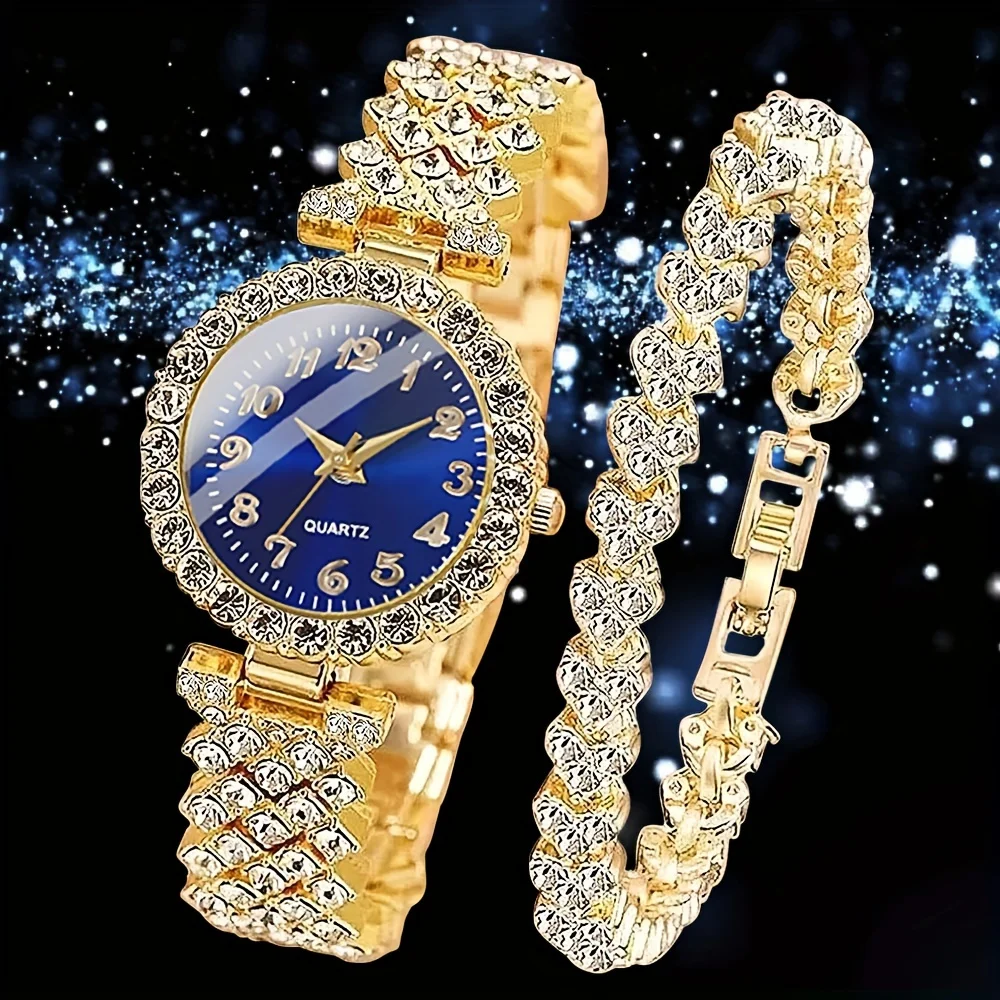 2pcs Rhinestone Round Quartz Watch Alloy Pointer With Rhinestone Bracelet Ideal Choice For Gifts Gifts For Eid