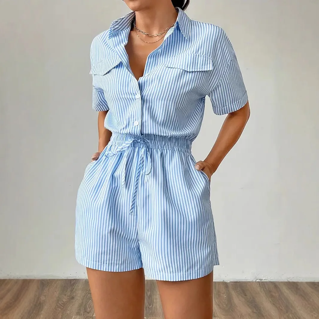 

2025 Striped Button Front Flap Casual Short Sleeve Waist Jumpsuit