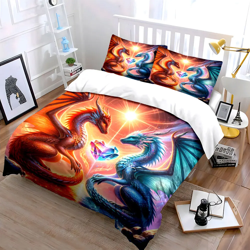 Two Dragons Guarding Crystal Heart Print Bedding Set 1 Duvet Cover 2 Pillowcases for Adult and Children Luxury Gift Full Size